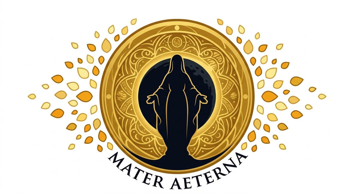 Mater Aeterna: silhouette of Mary within an ornate gold halo, surrounded by golden petals on white.