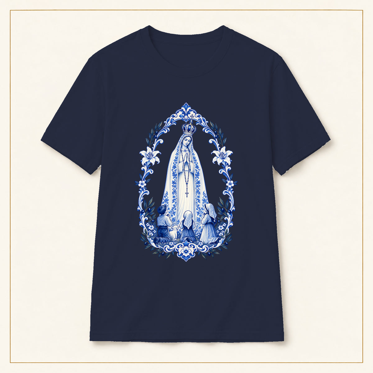 Our Lady of Fátima T-Shirt — Shepherd Children Azulejo — compact lay-flat, original print scale and placement — Navy