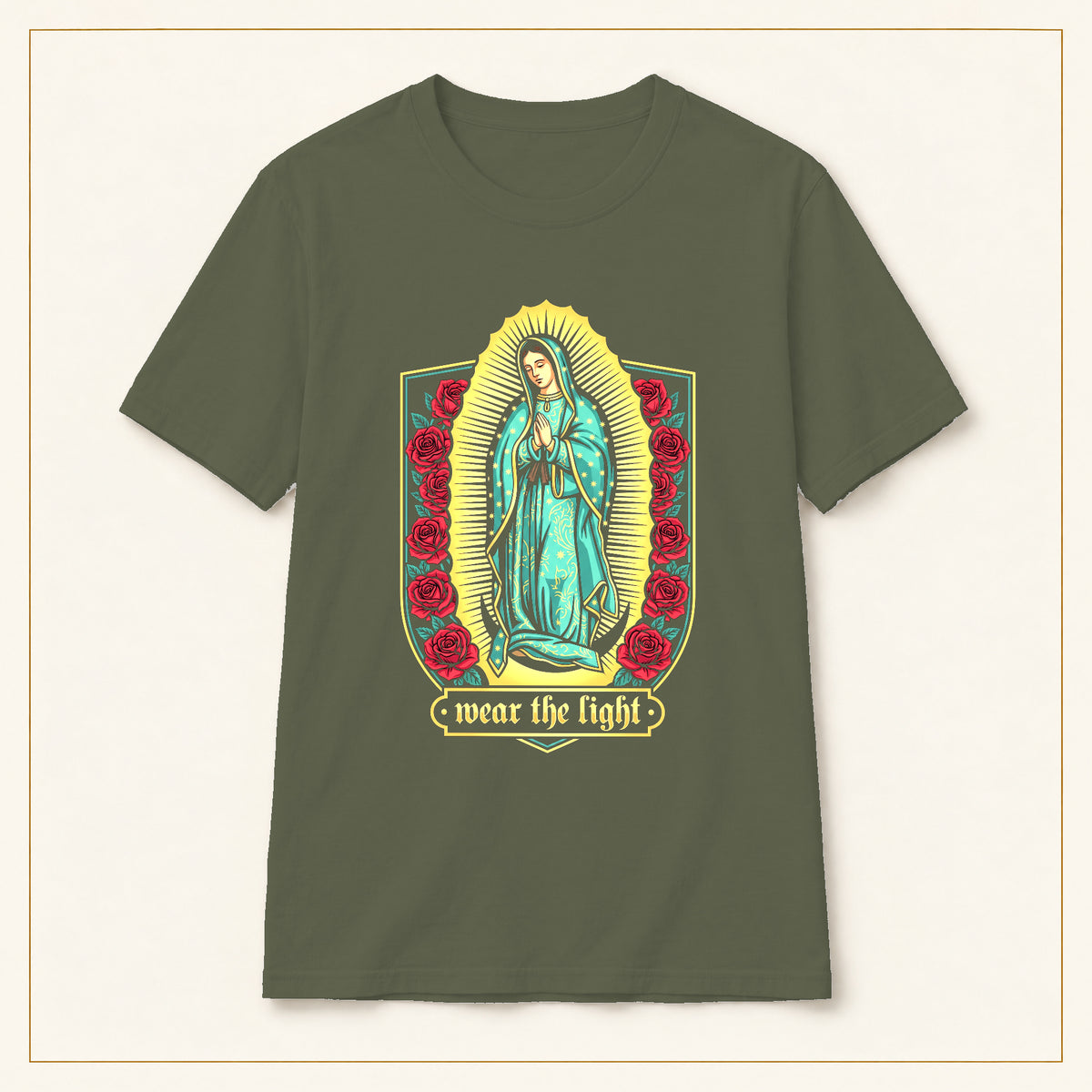 Our Lady of Guadalupe T-Shirt — Floral Devotional — compact lay-flat, original print scale and placement — Military Green
