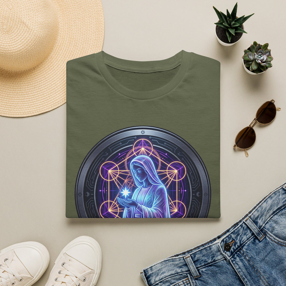 Virgin Mary Spiritual T‑Shirt — Neon Sacred Geometry Madonna Tee
