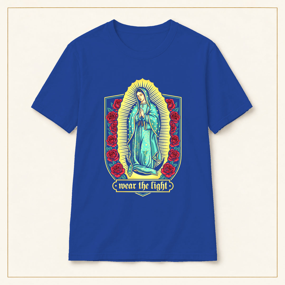 Our Lady of Guadalupe T-Shirt — Floral Devotional — compact lay-flat, original print scale and placement — Royal
