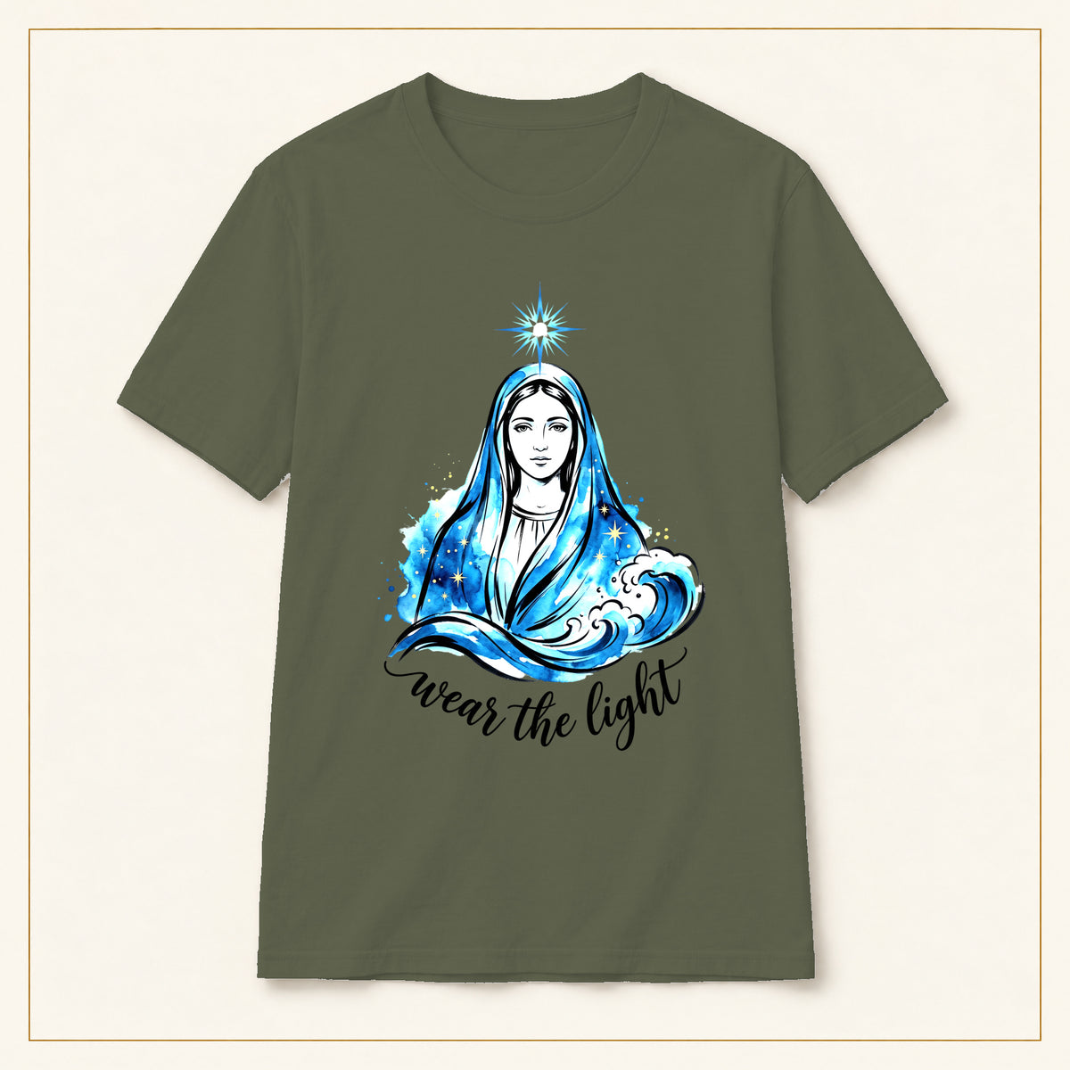 Virgin Mary Illustration T-Shirt — Wear the Light — compact lay-flat, original print scale and placement — Military Green