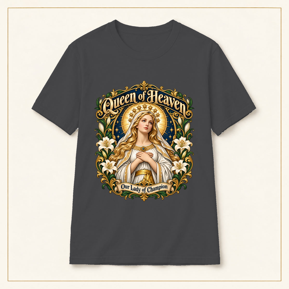 Queen of Heaven T-Shirt — Our Lady of Champion — compact lay-flat, original print scale and placement — Dark Heather