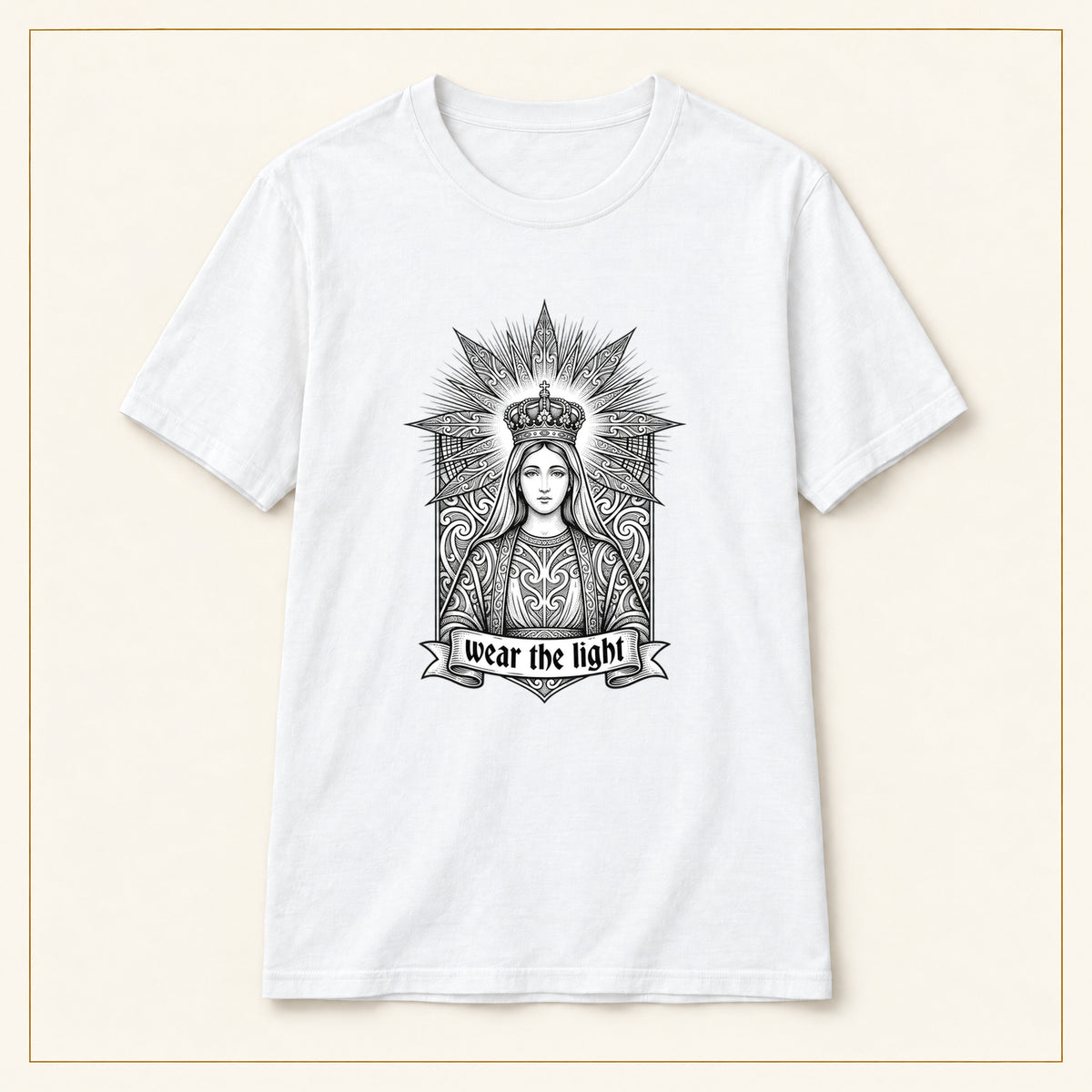 Sacred Woman T-Shirt — Monochrome Sunburst — compact lay-flat, original print scale and placement — White