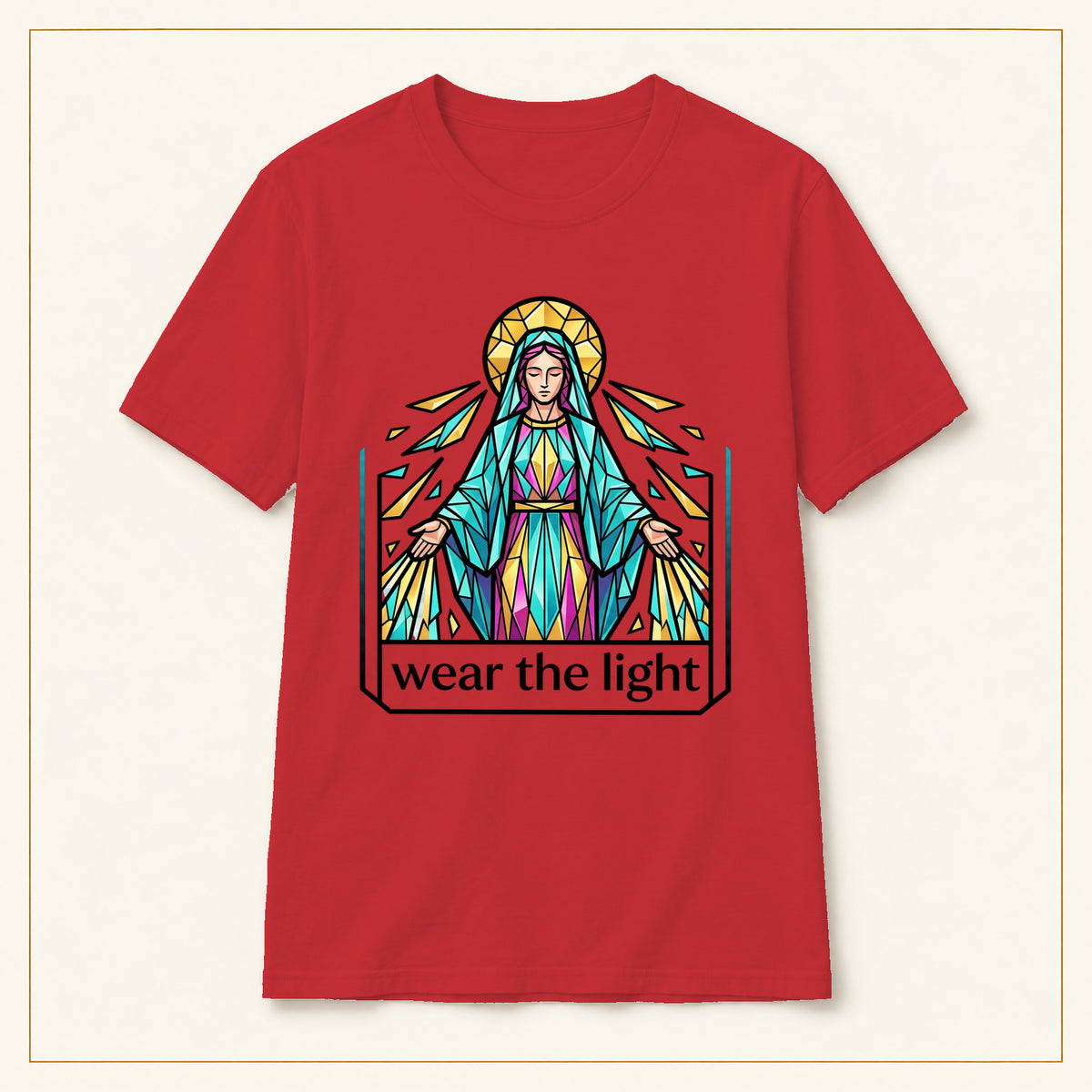 Stained Glass Virgin Mary T-Shirt — Wear the Light — compact lay-flat, original print scale and placement — Red