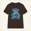 Ethereal Water Spirit T-Shirt — Blue Illustration — compact lay-flat, original print scale and placement — Dark Chocolate