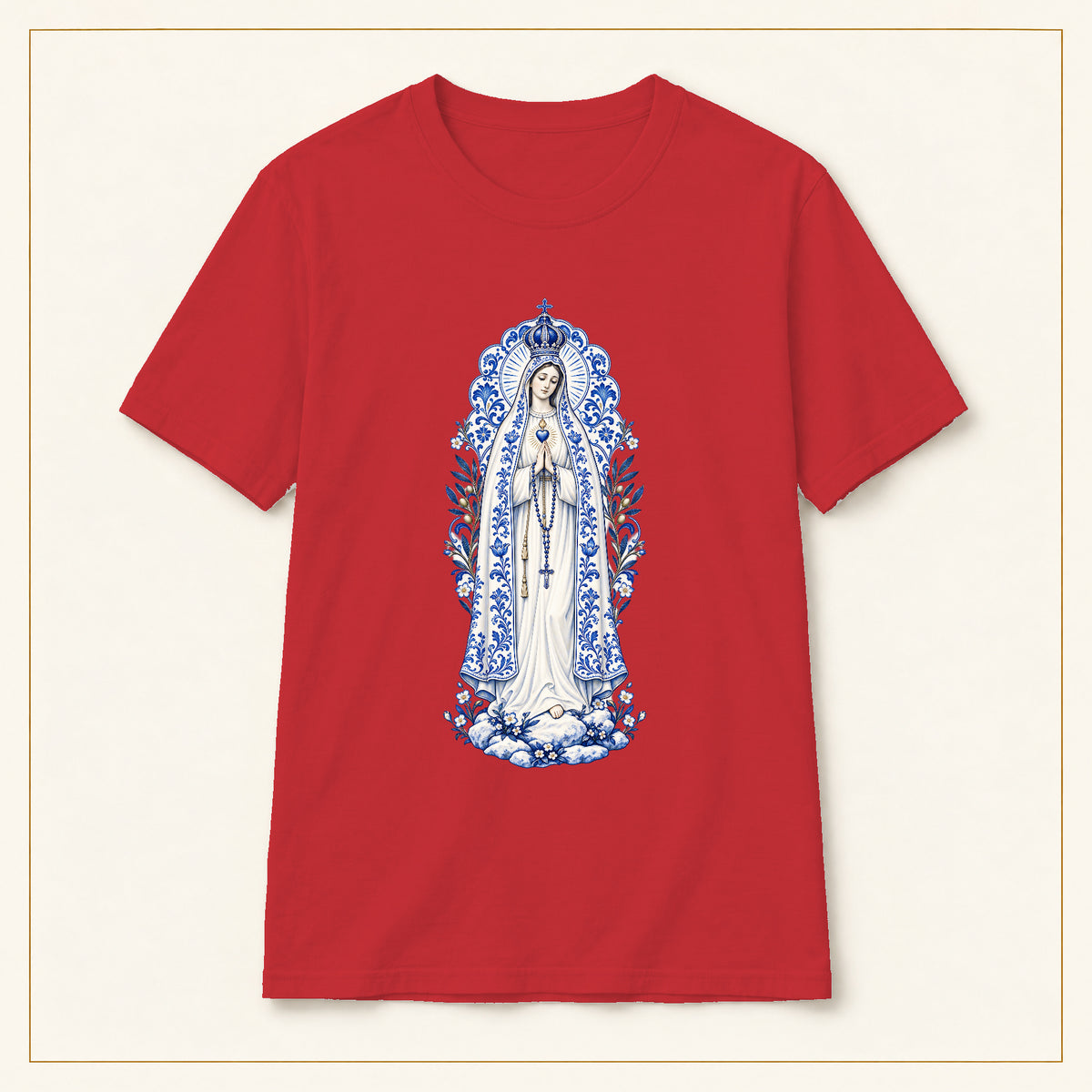 Our Lady of Fátima T-Shirt — Cova da Iria Azulejo — compact lay-flat, original print scale and placement — Red