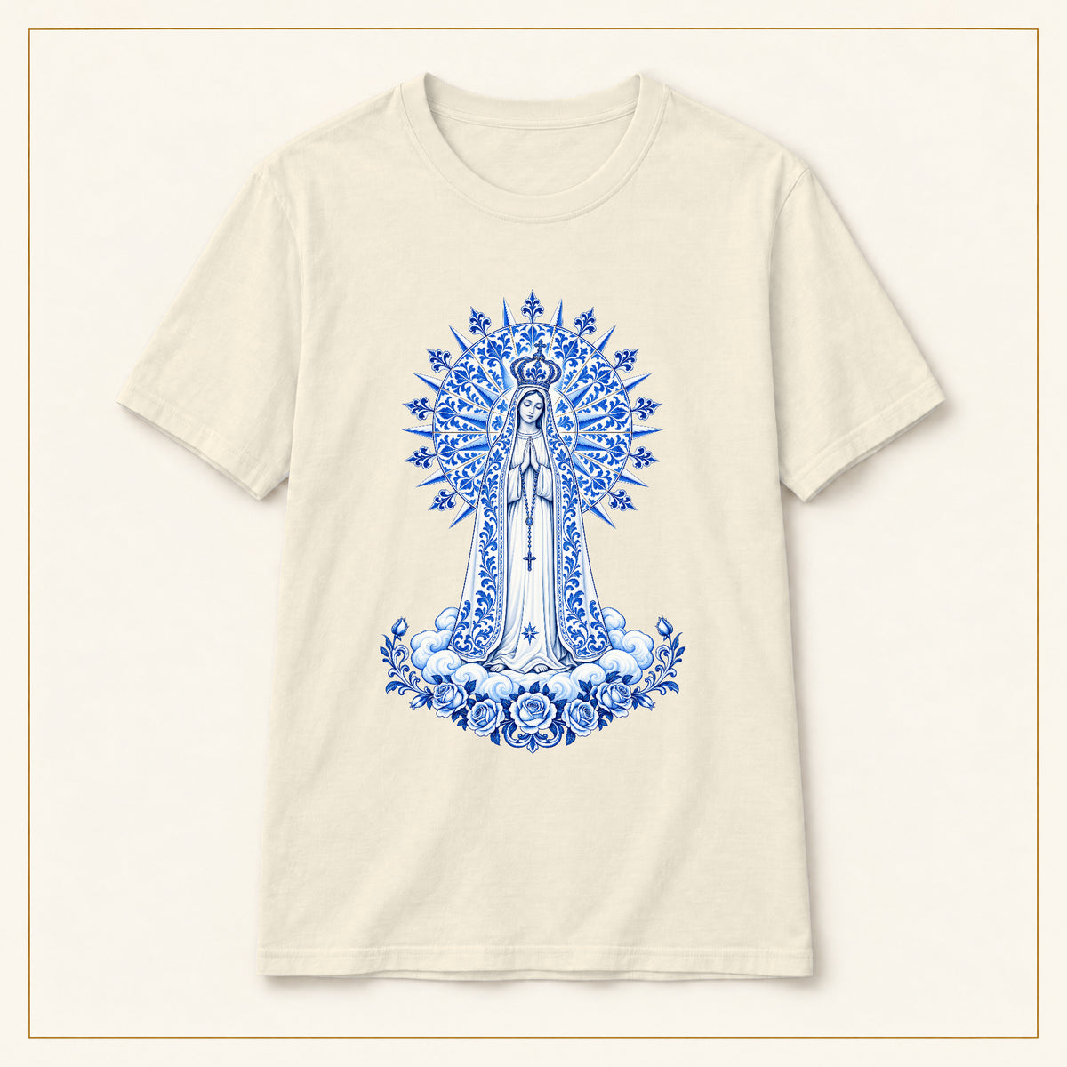 Our Lady of Fátima T-Shirt — Miracle of the Sun Azulejo — compact lay-flat, original print scale and placement — Natural
