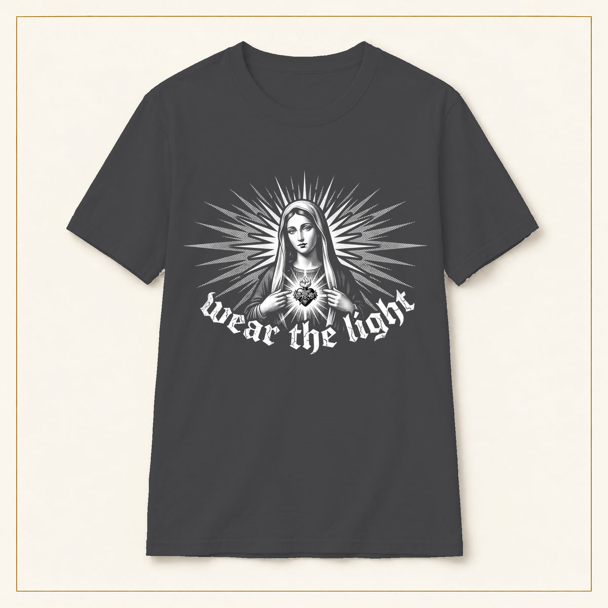 Radiant Madonna T-Shirt — Gothic Sacred Art — compact lay-flat, original print scale and placement — Dark Heather