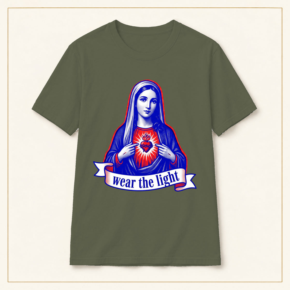 Sacred Heart Mary T-Shirt — Wear the Light — compact lay-flat, original print scale and placement — Military Green