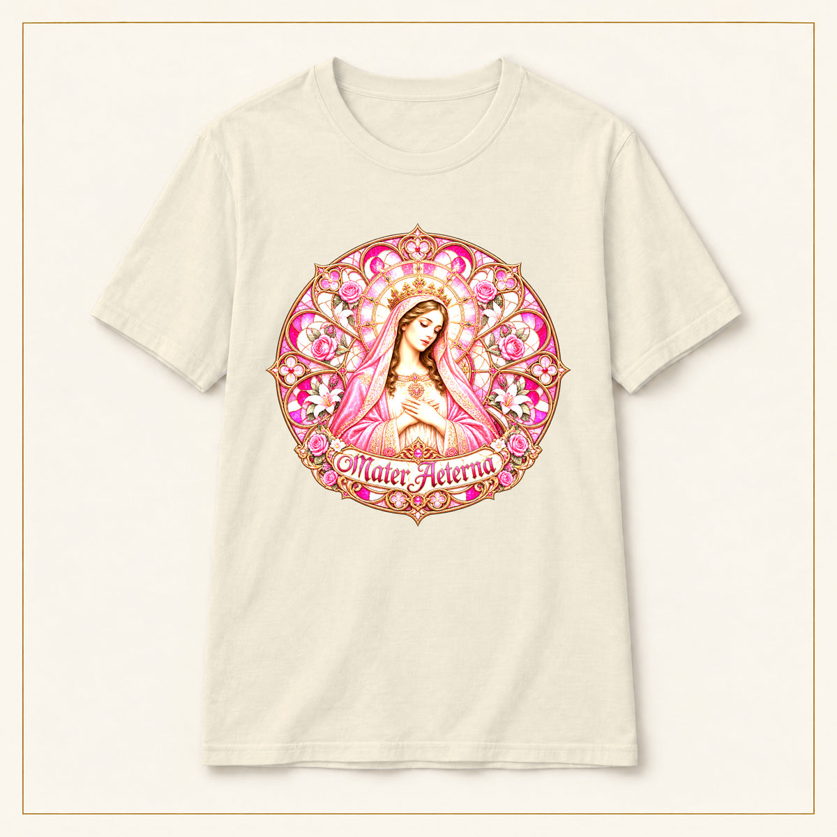 Mater Adorata T-Shirt — Rose & Gold — compact lay-flat, original print scale and placement — Natural