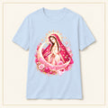 Our Lady of Guadalupe T-Shirt — Rosa & Stars — compact lay-flat, original print scale and placement — Light Blue