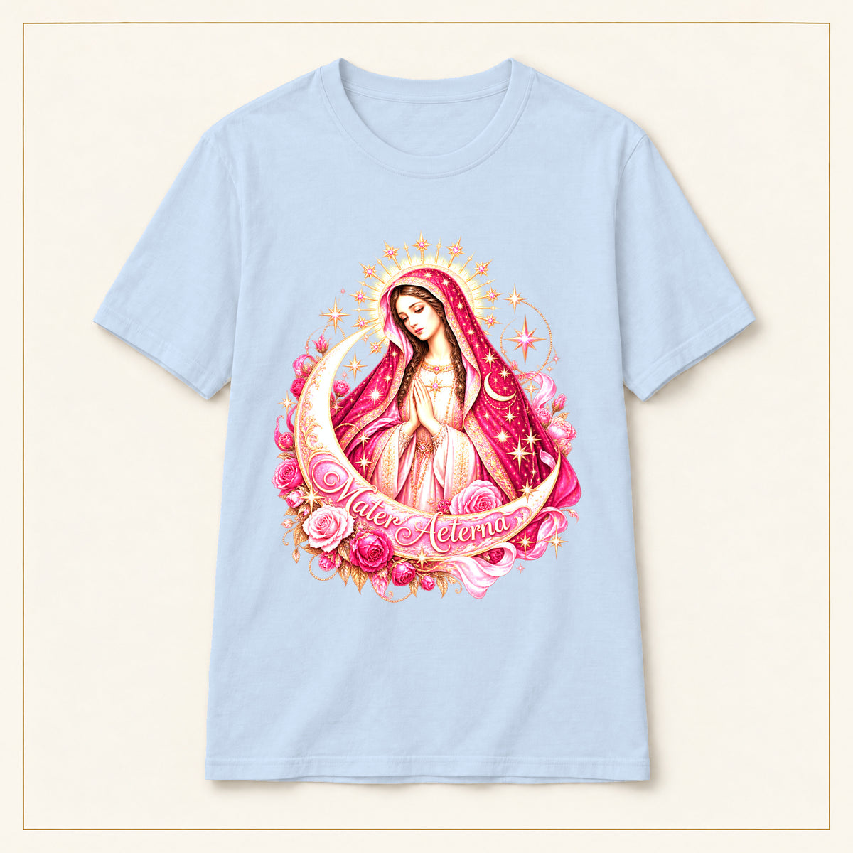 Our Lady of Guadalupe T-Shirt — Rosa & Stars — compact lay-flat, original print scale and placement — Light Blue