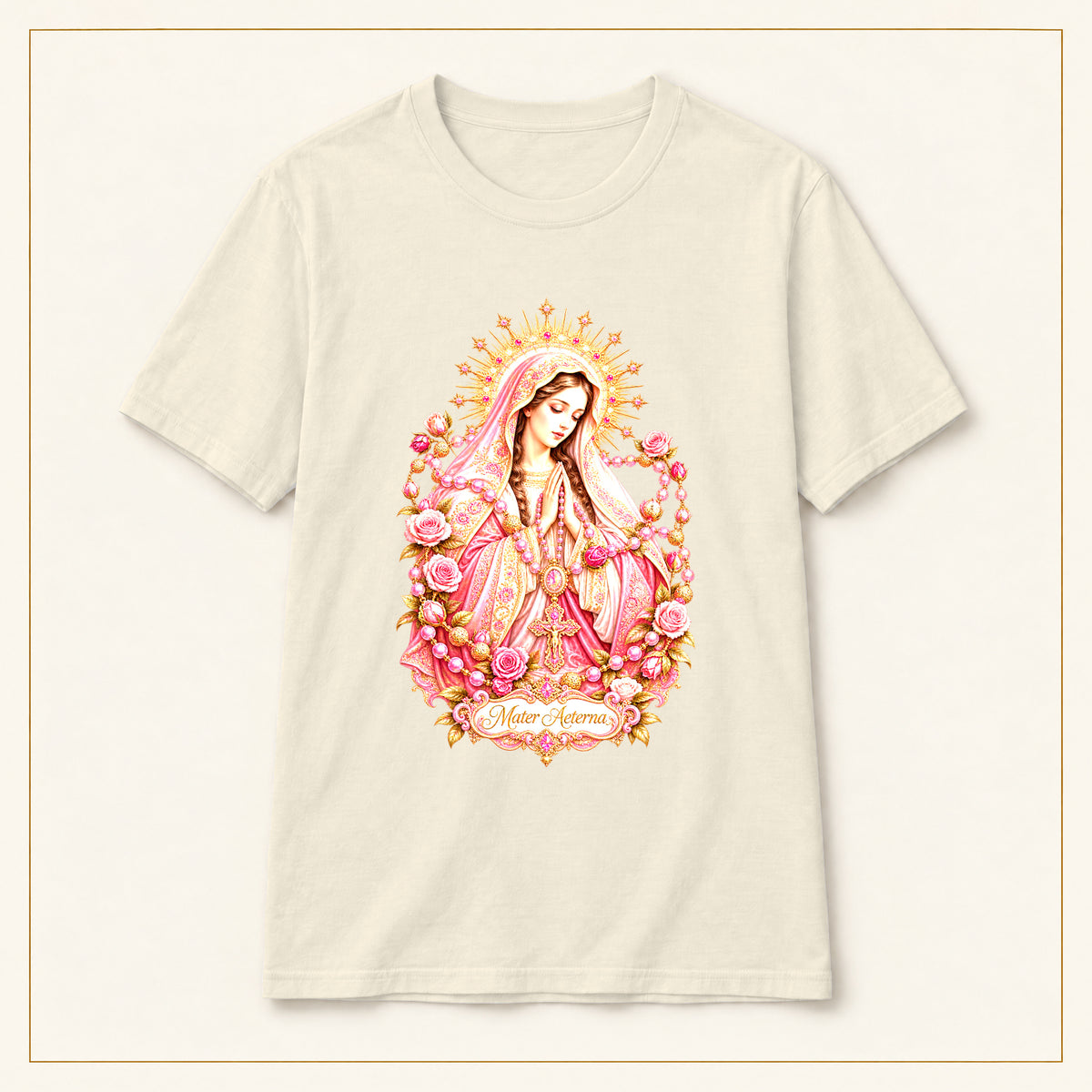 Our Lady of Guadalupe T-Shirt — Vintage Rose — compact lay-flat, original print scale and placement — Natural