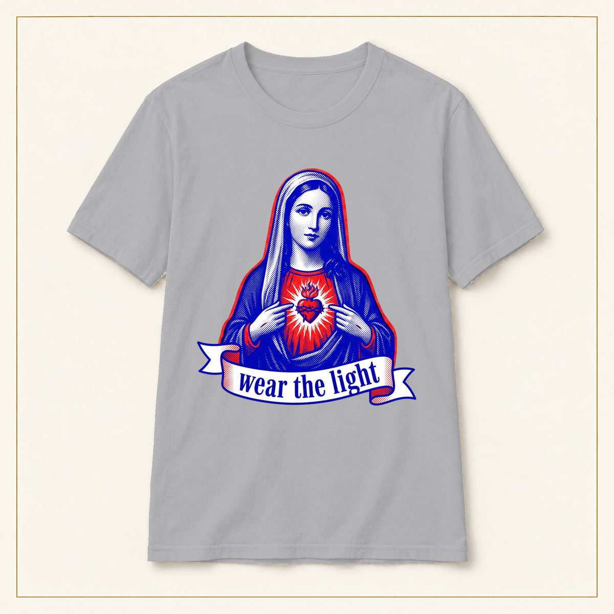 Sacred Heart Mary T-Shirt — Wear the Light — compact lay-flat, original print scale and placement — Sport Grey