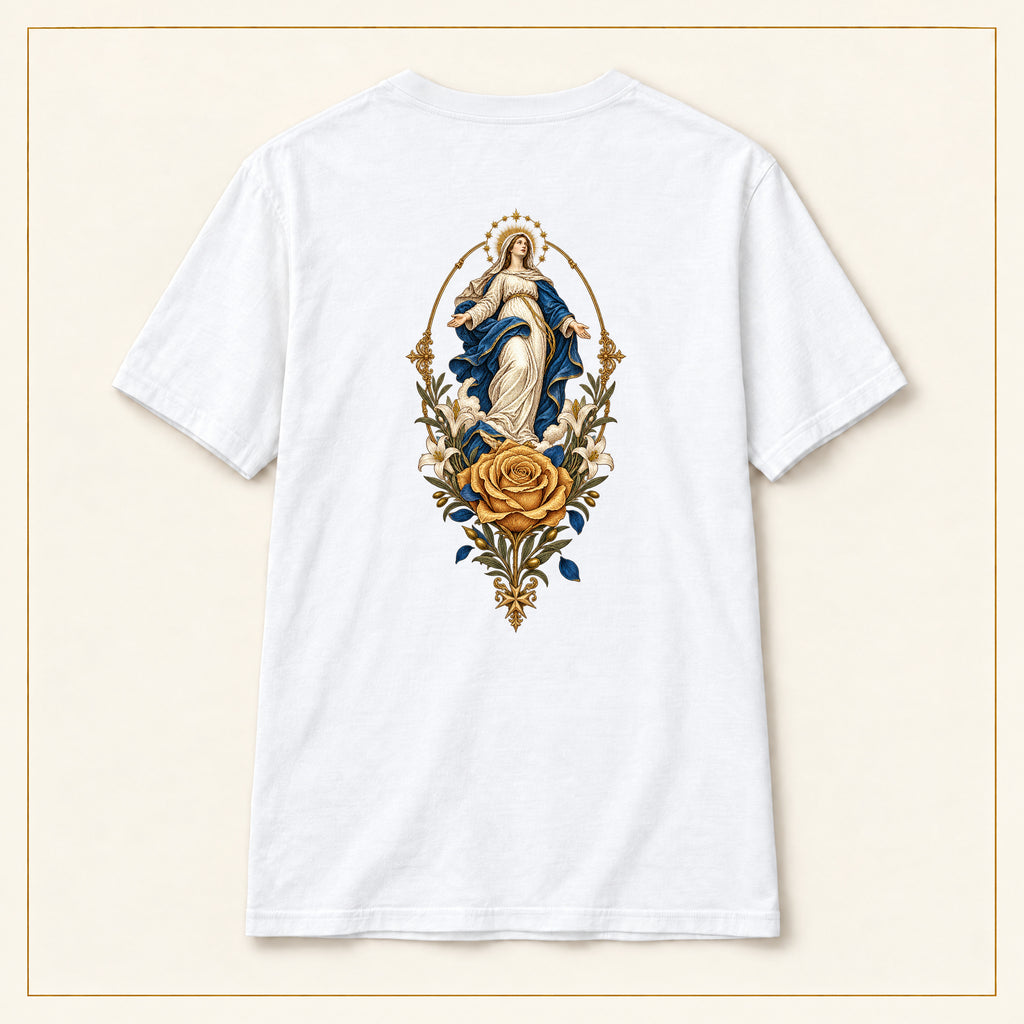 Our Lady of Ta' Pinu — Golden Rose White T-Shirt — compact lay-flat, original print scale and placement — White — back view