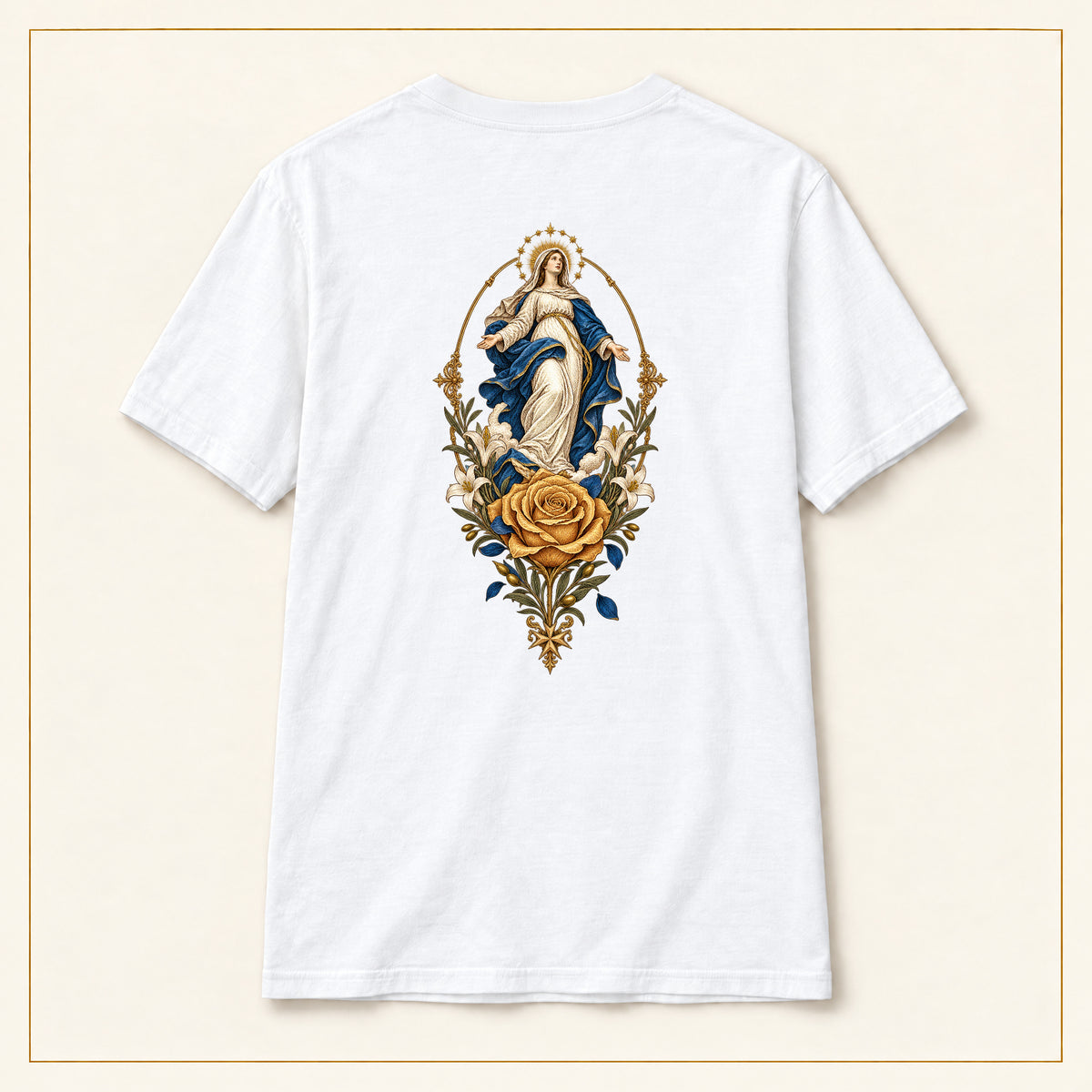 Our Lady of Ta' Pinu — Golden Rose White T-Shirt — compact lay-flat, original print scale and placement — White — back view