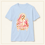Mother of Mercy T-Shirt — Rose & Gold — compact lay-flat, original print scale and placement — Light Blue