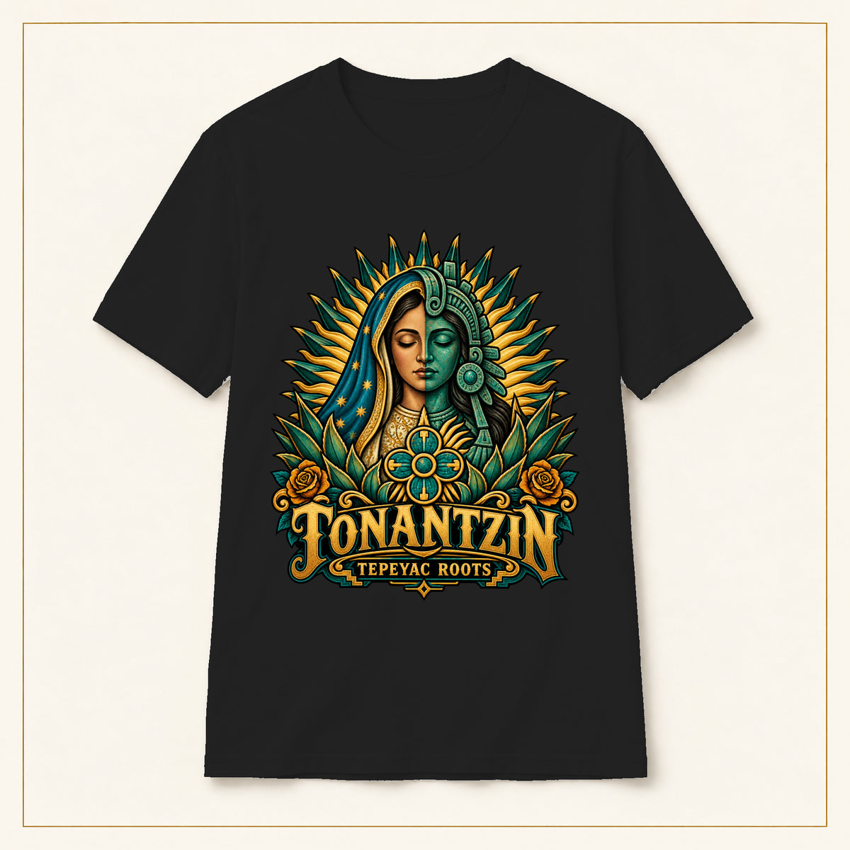 Tonantzin Tee — Indigenous Roots Floral Madonna Graphic T-Shirt — compact lay-flat, original print scale and placement — Black