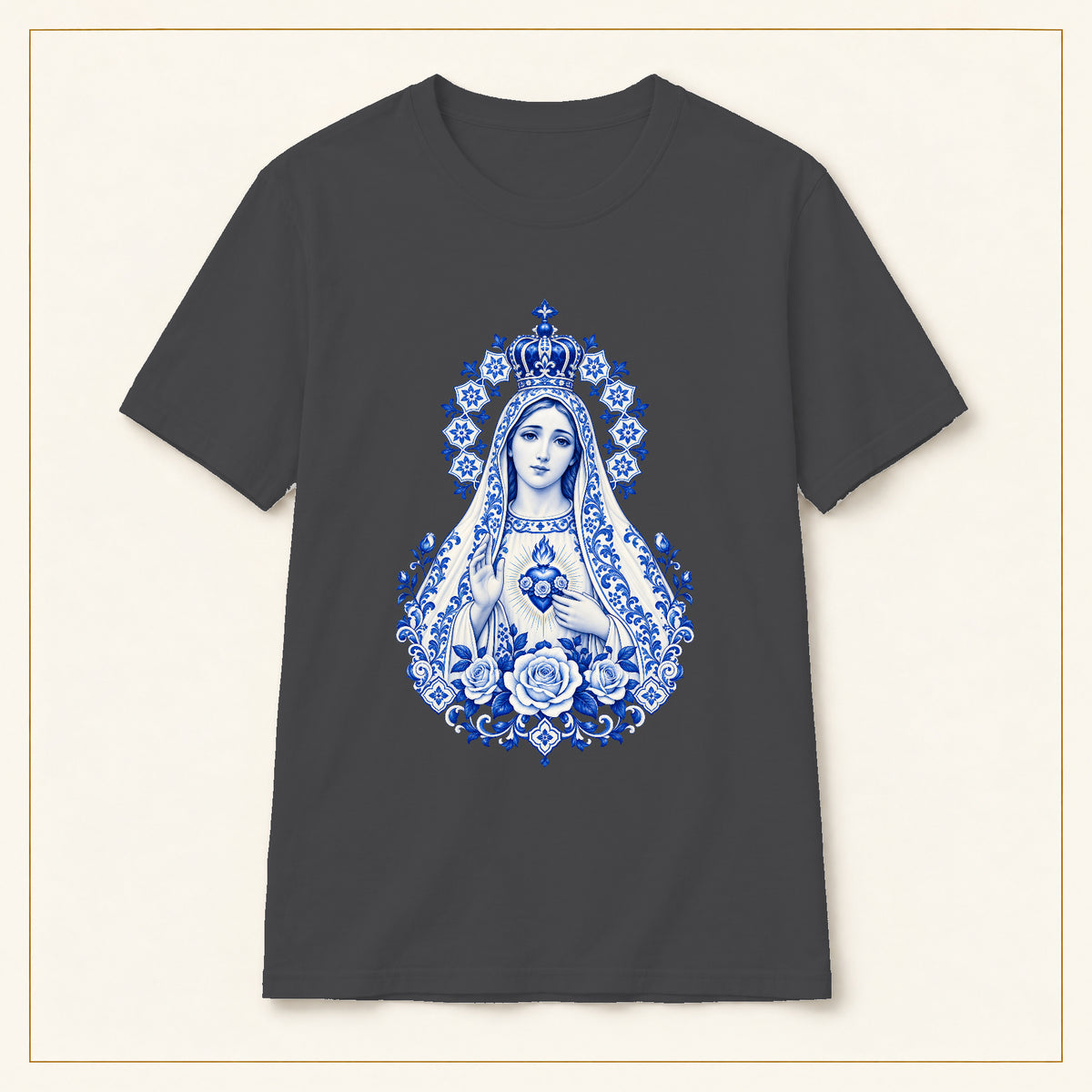 Our Lady of Fátima T-Shirt — Immaculate Heart Azulejo — compact lay-flat, original print scale and placement — Dark Heather