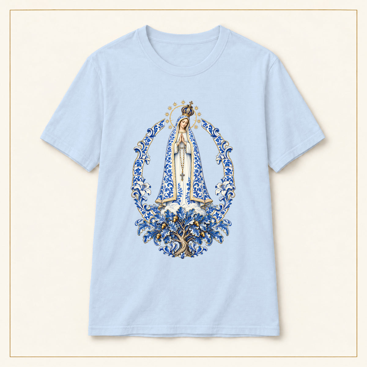 Our Lady of Fátima T-Shirt — Oak Tree Apparition Azulejo — compact lay-flat, original print scale and placement — Light Blue