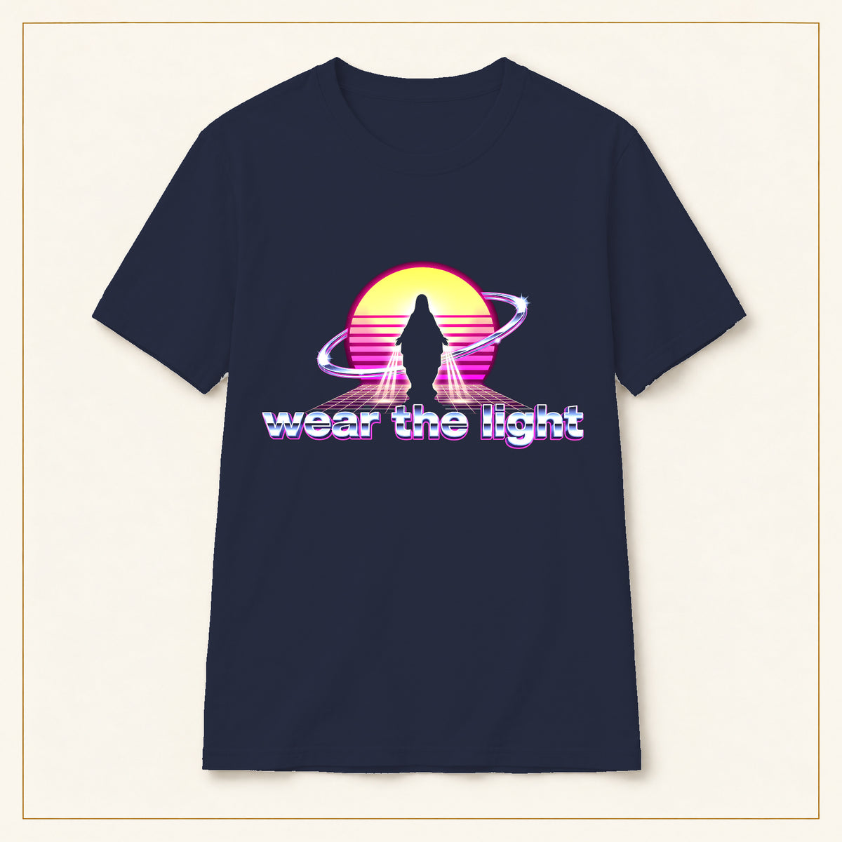 Retro Sunset Sci-Fi T-Shirt — Wear the Light — compact lay-flat, original print scale and placement — Navy