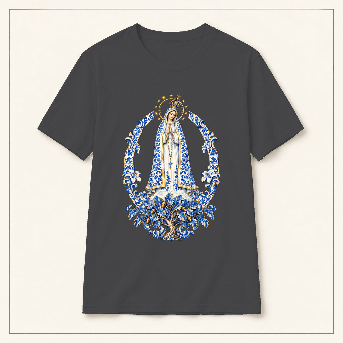 Our Lady of Fátima T-Shirt — Oak Tree Apparition Azulejo — compact lay-flat, original print scale and placement — Dark Heather