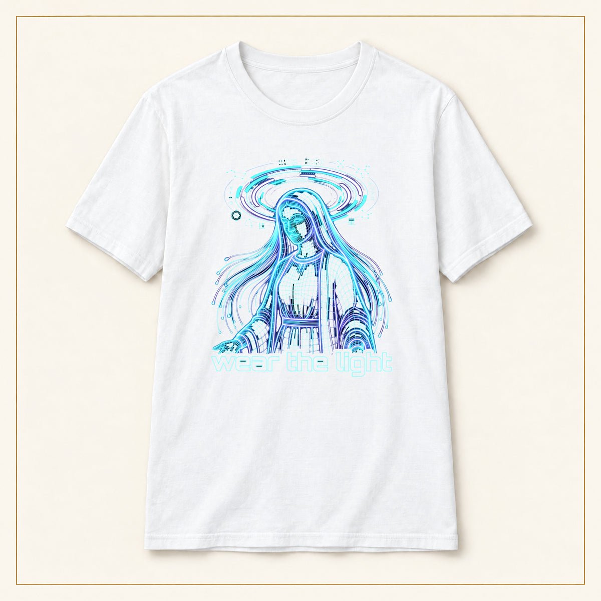 Ethereal Water Spirit T-Shirt — Blue Illustration — compact lay-flat, original print scale and placement — White