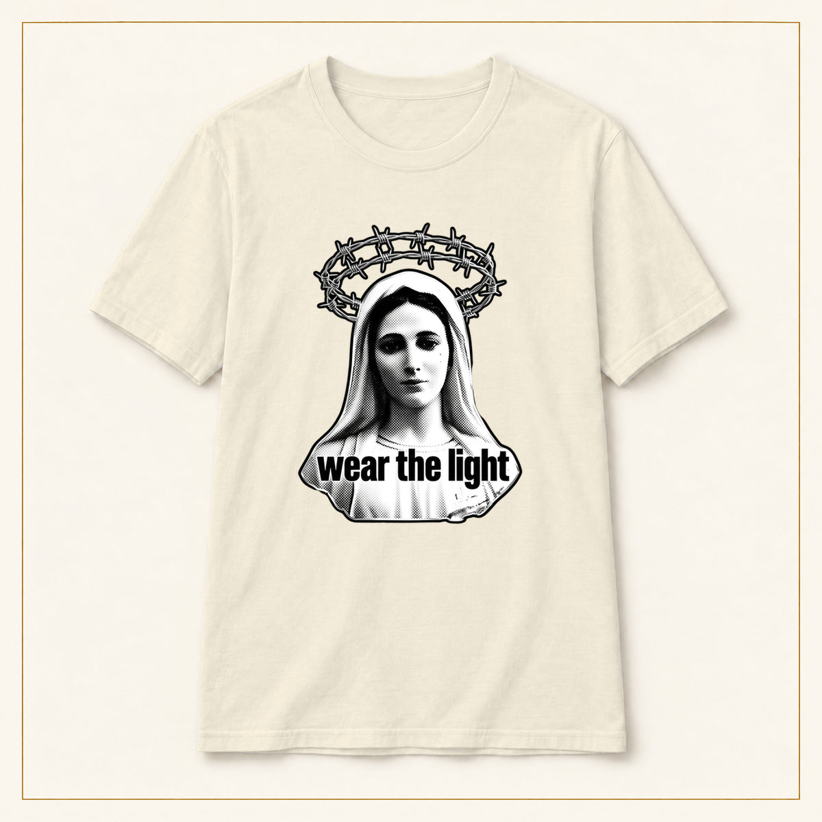 Madonna T-Shirt — Monochrome Crown of Thorns — compact lay-flat, original print scale and placement — Natural