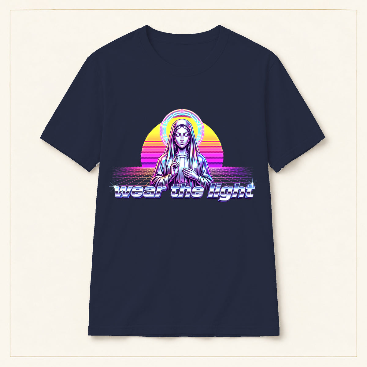 Vaporwave Madonna T-Shirt — Wear the Light — compact lay-flat, original print scale and placement — Navy