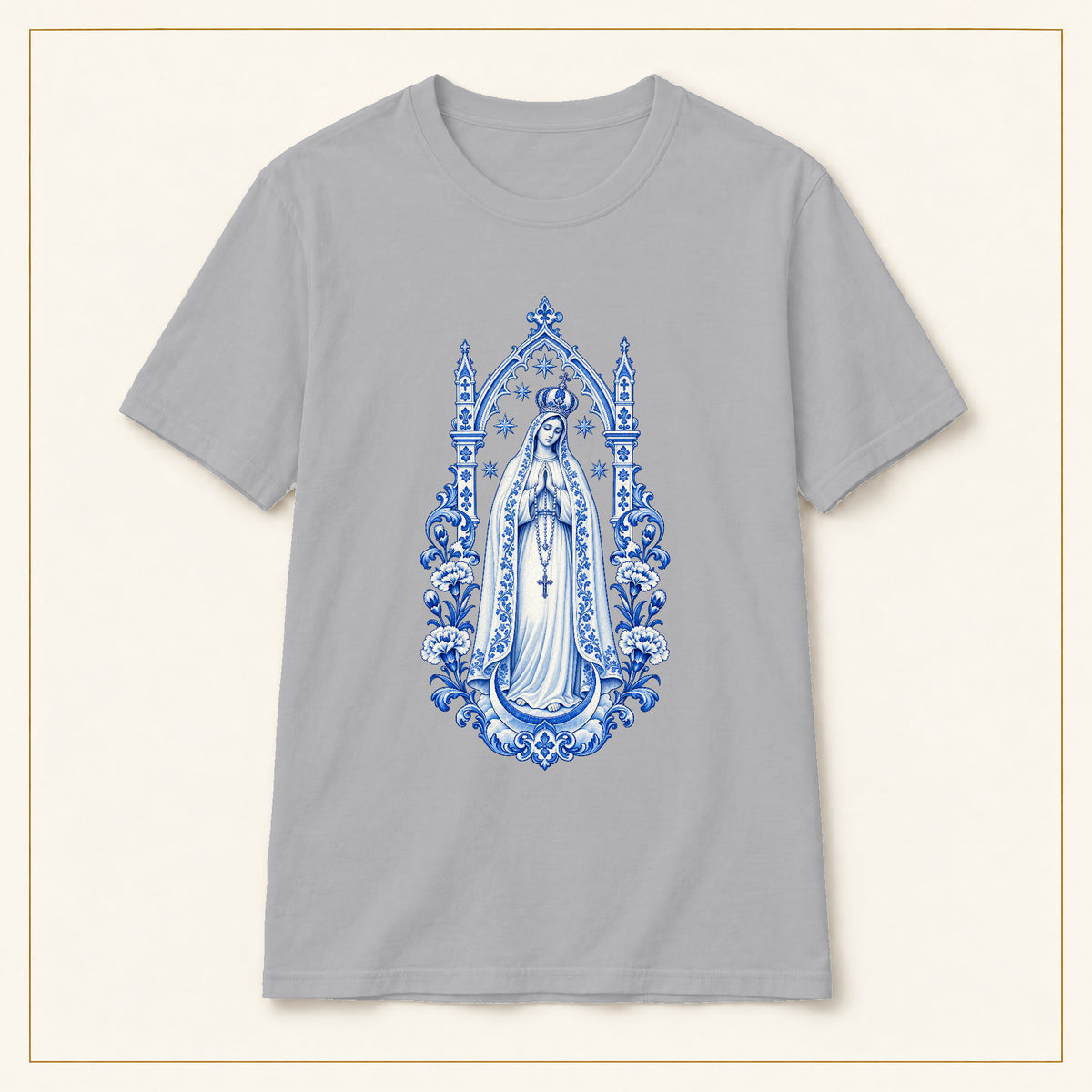 Our Lady of Fátima T-Shirt — Queen of Heaven Azulejo — compact lay-flat, original print scale and placement — Sport Grey