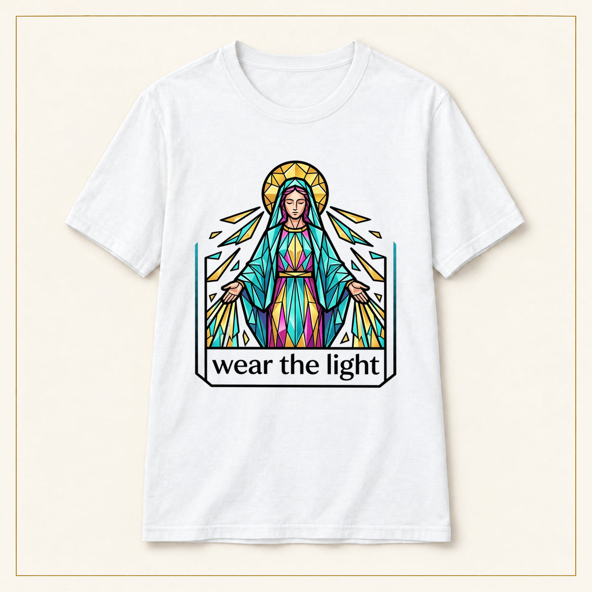 Stained Glass Virgin Mary T-Shirt — Wear the Light — compact lay-flat, original print scale and placement — White