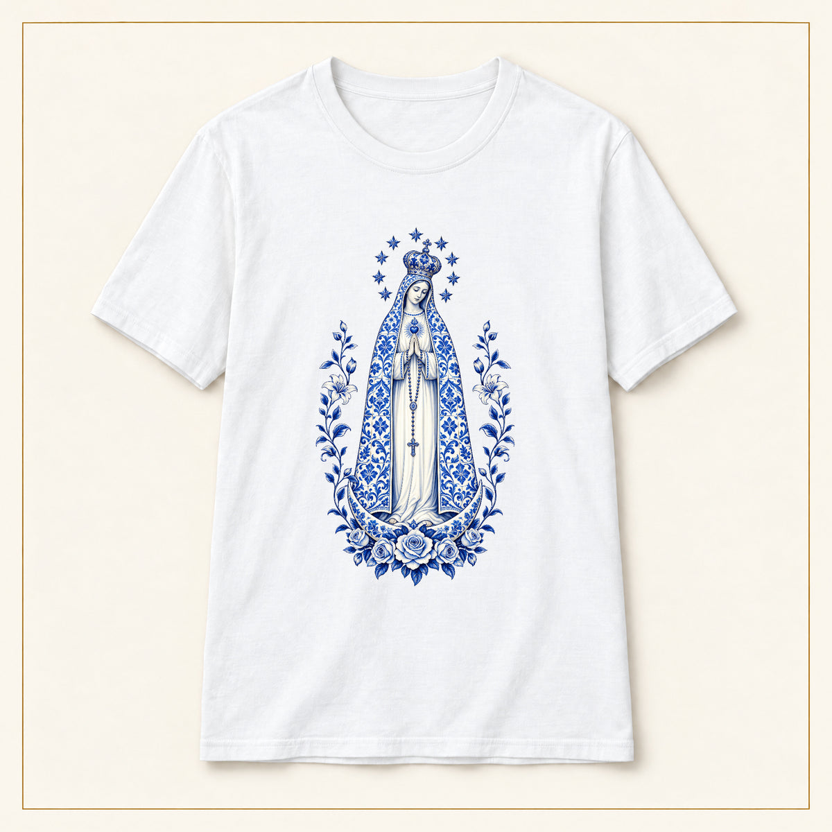 Our Lady of Fátima T-Shirt — Crowned Roses Azulejo — compact lay-flat, original print scale and placement — White