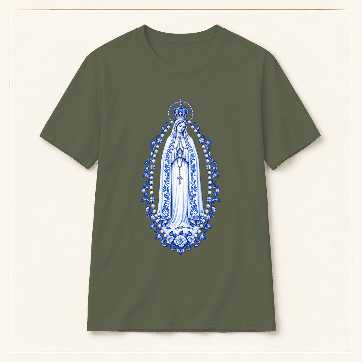 Our Lady of Fátima T-Shirt — Rosary Mandorla Azulejo — compact lay-flat, original print scale and placement — Military Green