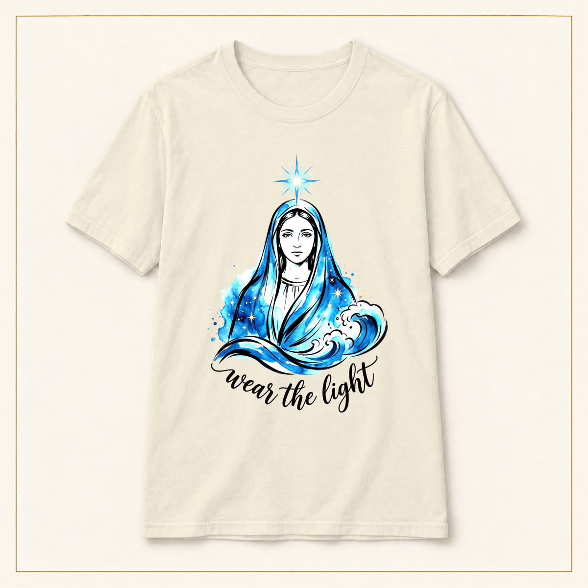 Virgin Mary Illustration T-Shirt — Wear the Light — compact lay-flat, original print scale and placement — Natural