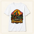 T-Shirt — El Color de la Esperanza Virgen de Guadalupe Graphic Tee — compact lay-flat, original print scale and placement — White