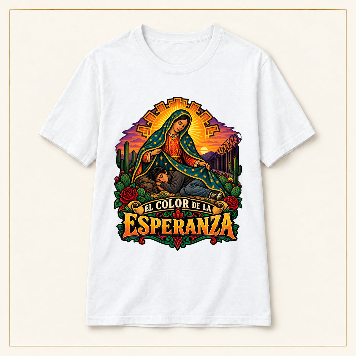 T-Shirt — El Color de la Esperanza Virgen de Guadalupe Graphic Tee — compact lay-flat, original print scale and placement — White