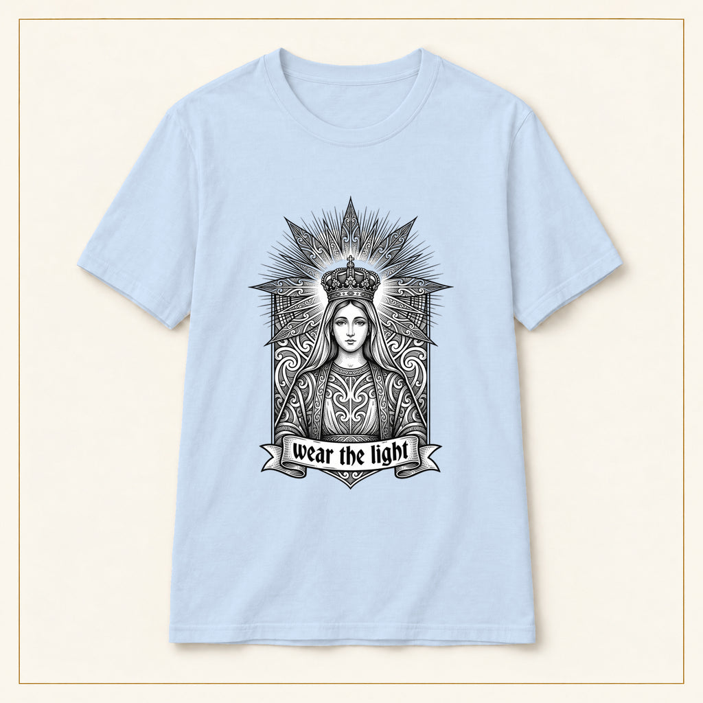 Crowned Woman T-Shirt — Monochrome Sunburst — compact lay-flat, original print scale and placement — Light Blue