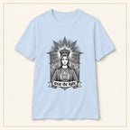 Crowned Woman T-Shirt — Monochrome Sunburst — compact lay-flat, original print scale and placement — Light Blue