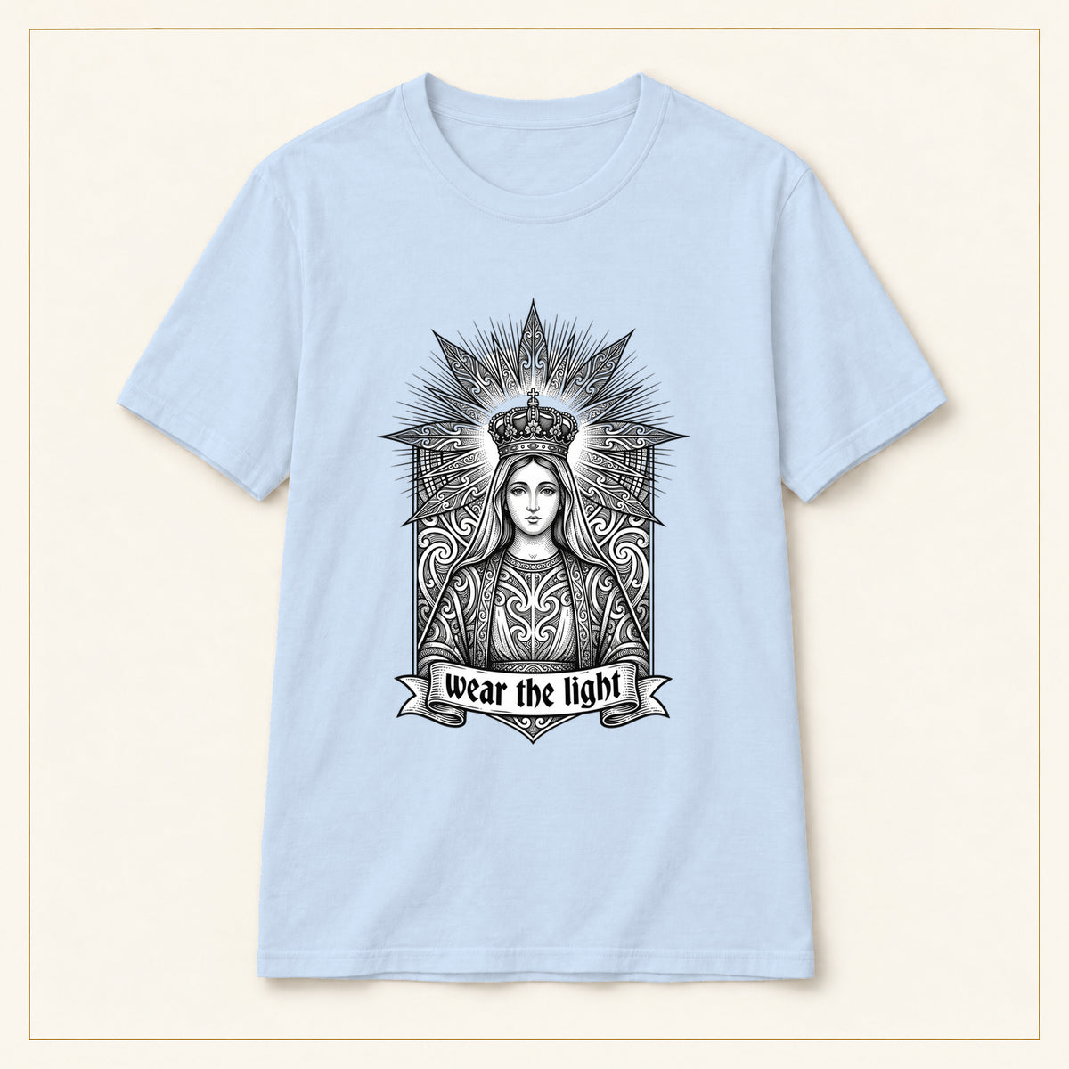 Crowned Woman T-Shirt — Monochrome Sunburst — compact lay-flat, original print scale and placement — Light Blue