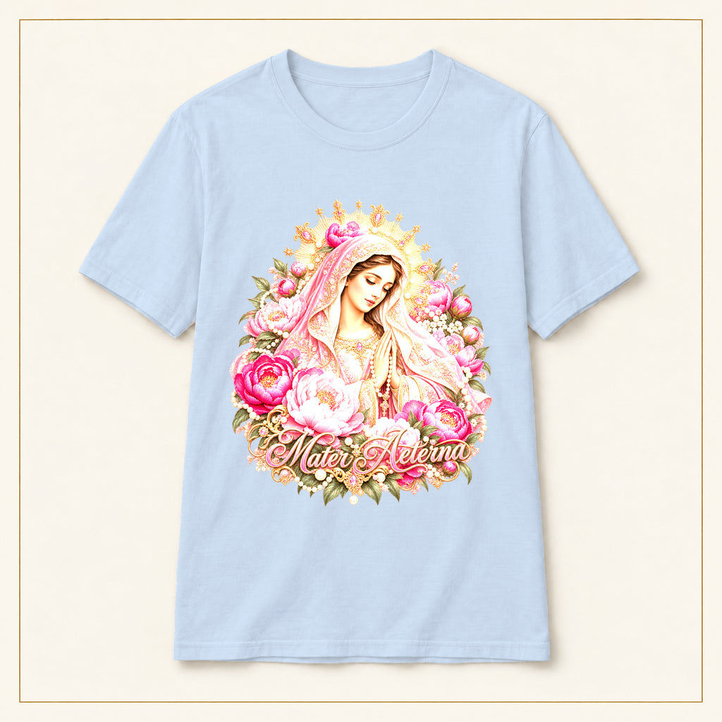 Madre María Rosa T-Shirt — Painted Roses — compact lay-flat, original print scale and placement — Light Blue