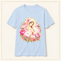Madre María Rosa T-Shirt — Painted Roses — compact lay-flat, original print scale and placement — Light Blue