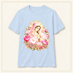 Madre María Rosa T-Shirt — Painted Roses — compact lay-flat, original print scale and placement — Light Blue