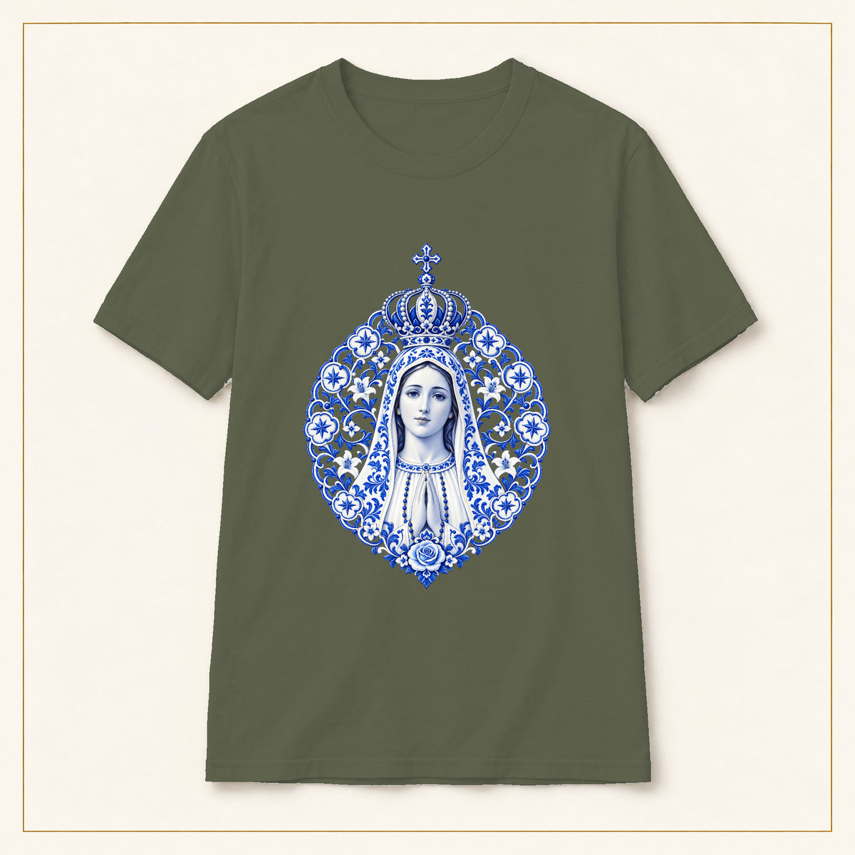 Our Lady of Fátima T-Shirt — Azulejo Mandala — compact lay-flat, original print scale and placement — Military Green