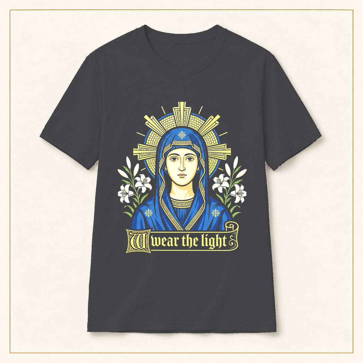 Mary Icon T-Shirt — I Wear the Light — compact lay-flat, original print scale and placement — Dark Heather