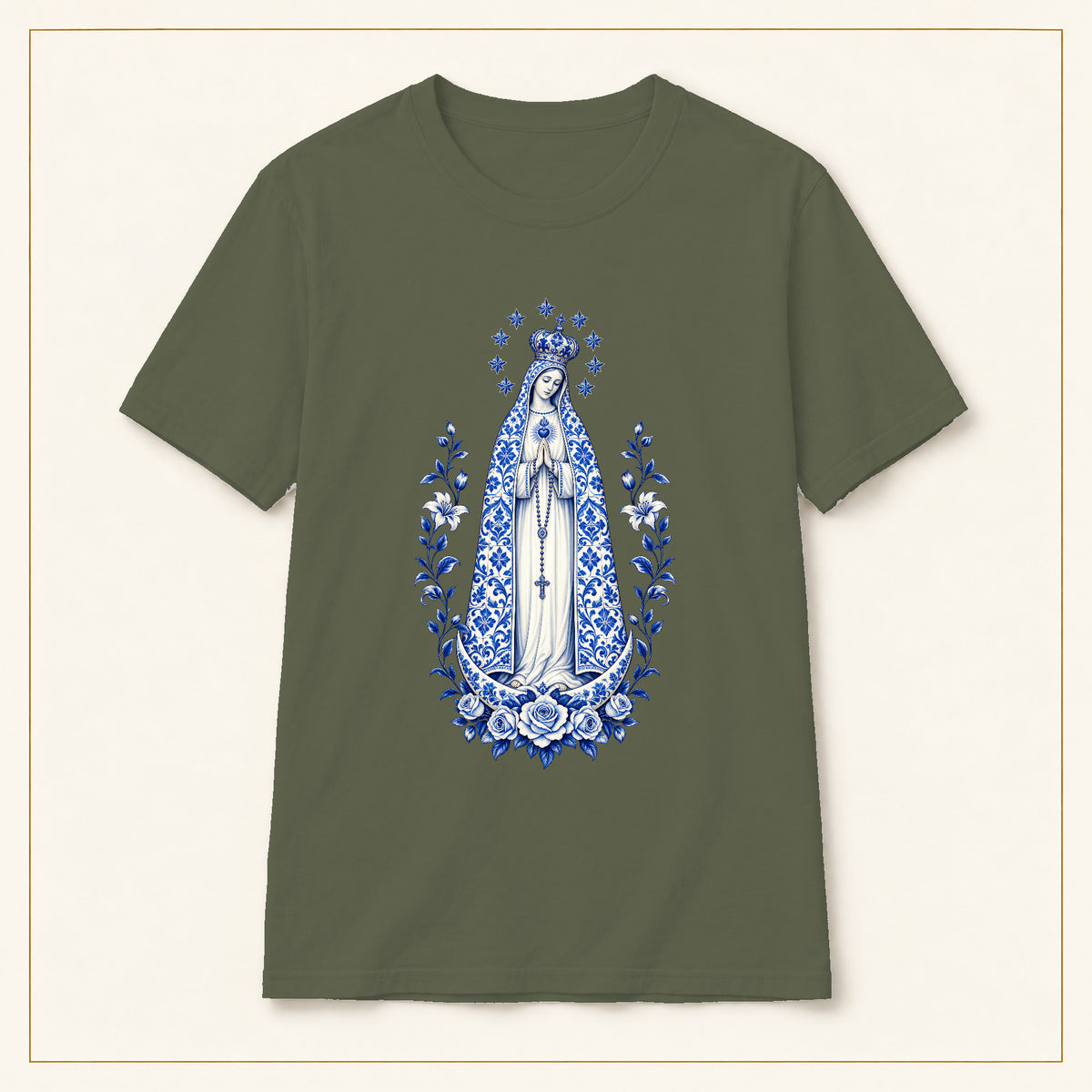 Our Lady of Fátima T-Shirt — Crowned Roses Azulejo — compact lay-flat, original print scale and placement — Military Green