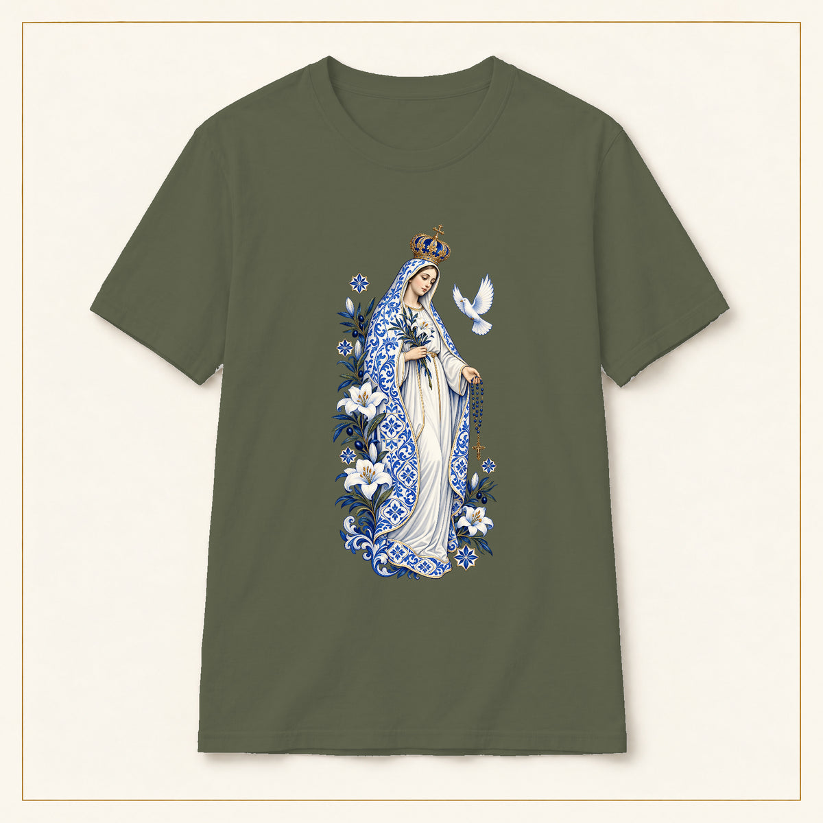 Our Lady of Fátima T-Shirt — Lily & Dove Azulejo — compact lay-flat, original print scale and placement — Military Green