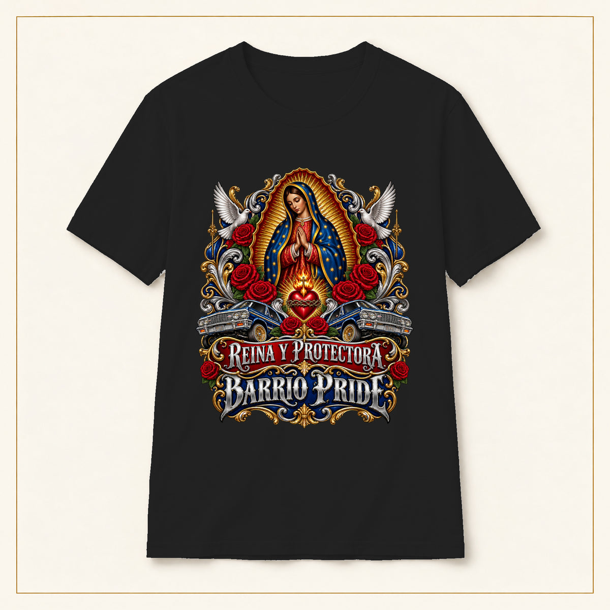 Virgen de Guadalupe "Reina y Protectora - Barrio Pride" T-Shirt — compact lay-flat, original print scale and placement — Black