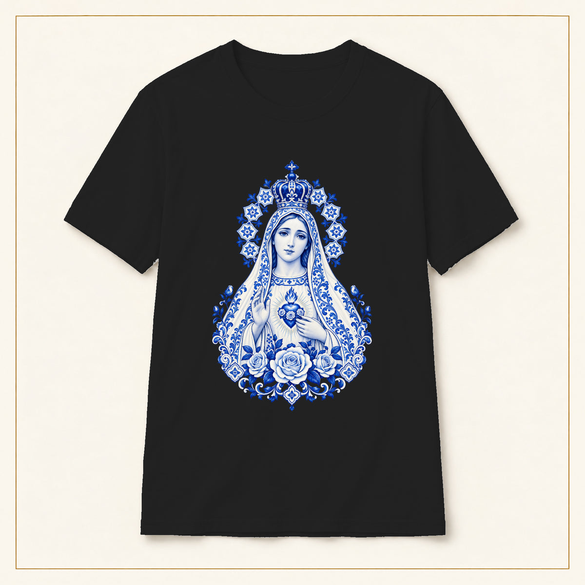 Our Lady of Fátima T-Shirt — Immaculate Heart Azulejo — compact lay-flat, original print scale and placement — Black