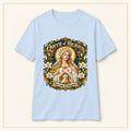 Queen of Heaven T-Shirt — Our Lady of Champion — compact lay-flat, original print scale and placement — Light Blue